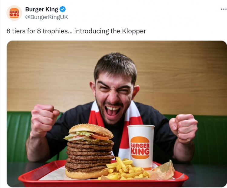汉堡王贴出“克洛普汉堡”的照片，8层肉饼代表8个冠军